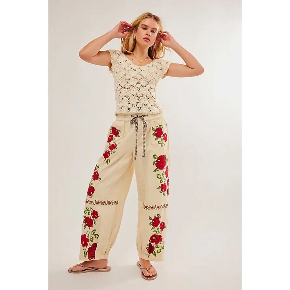 Free People Rosalia Floral Embroidered Pants Large $228